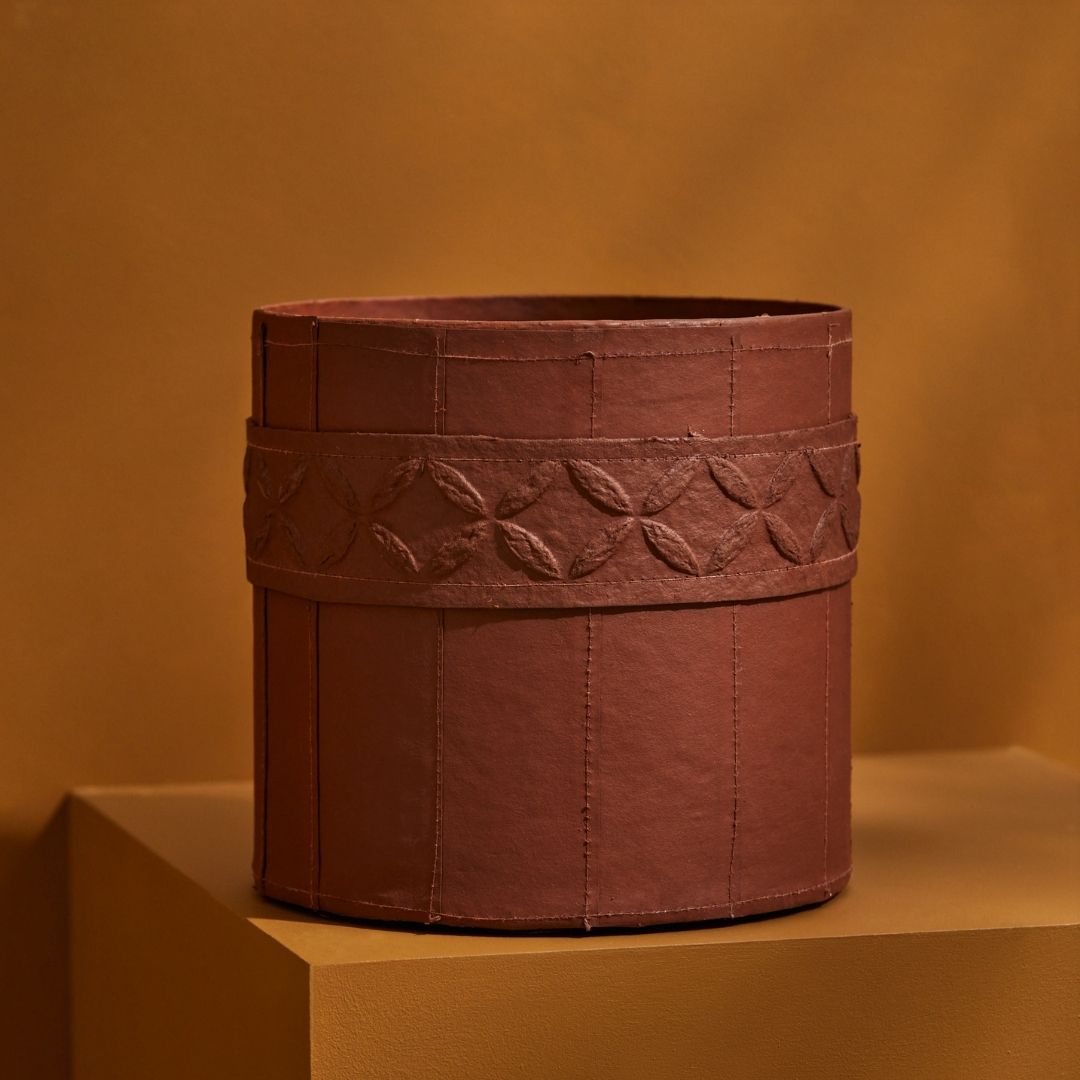 Tree Stripes Leather Look Cylinder Pot - Cognac (Large) - DecorHouse.com.au