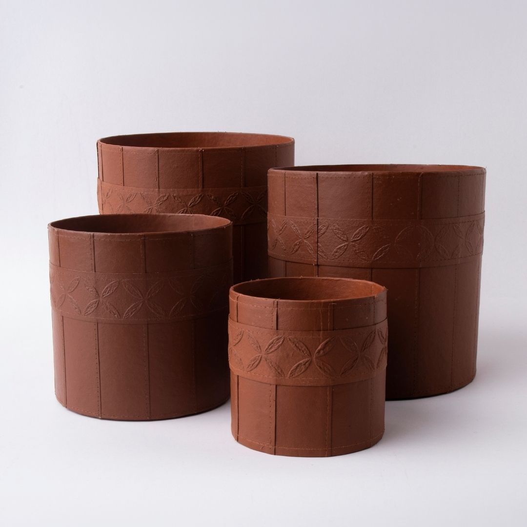 Tree Stripes Leather Look Cylinder Pot - Cognac (Large) - DecorHouse.com.au
