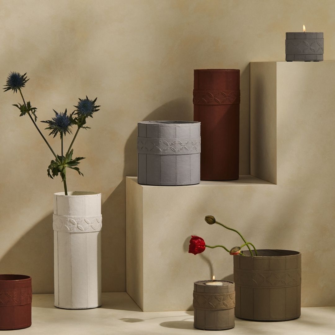 Tree Stripes Leather Look Cylinder Pot - Cognac (Large) - DecorHouse.com.au