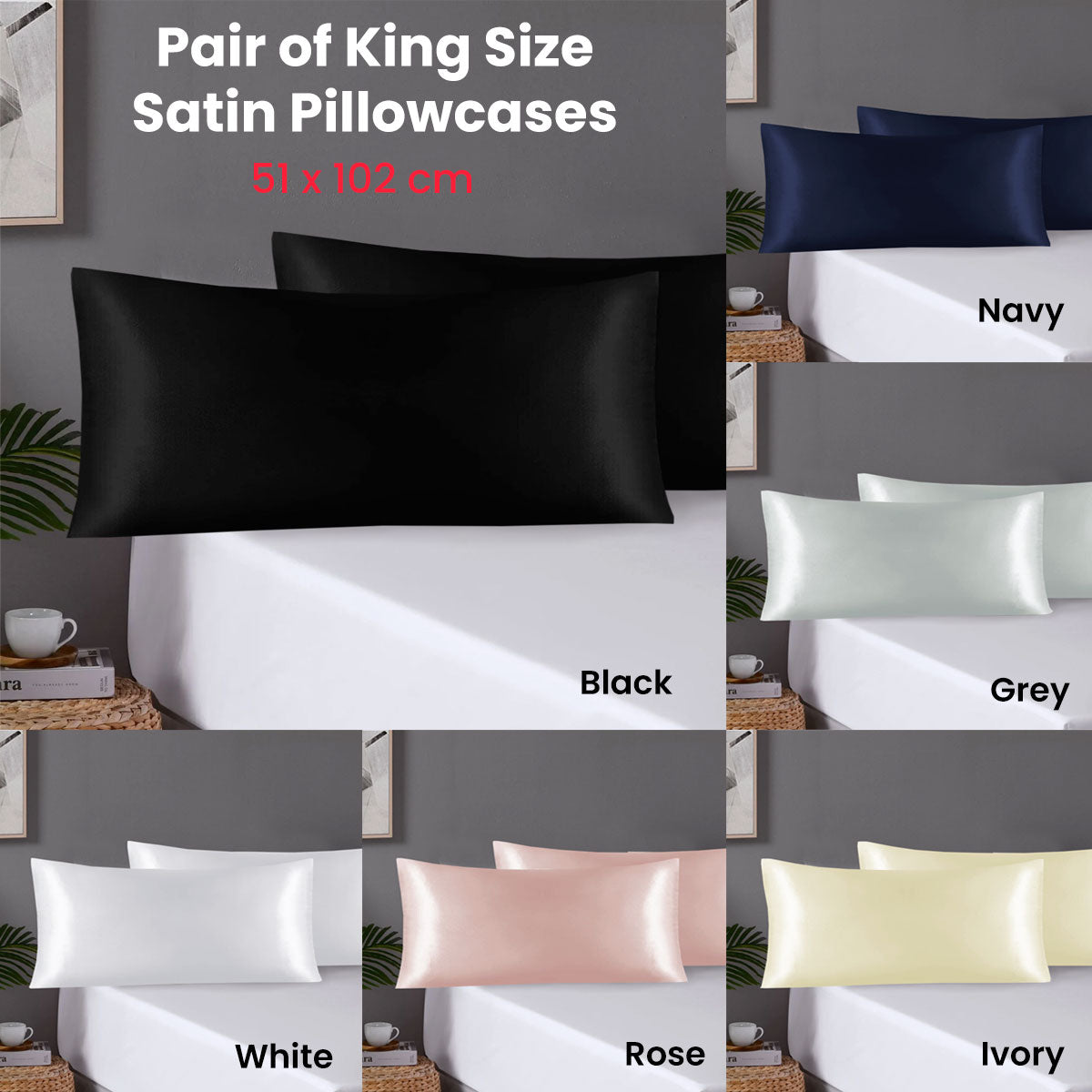 Pair of King Satin Silk Pillowcases with Envelope Closure 51 x 102 cm Grey