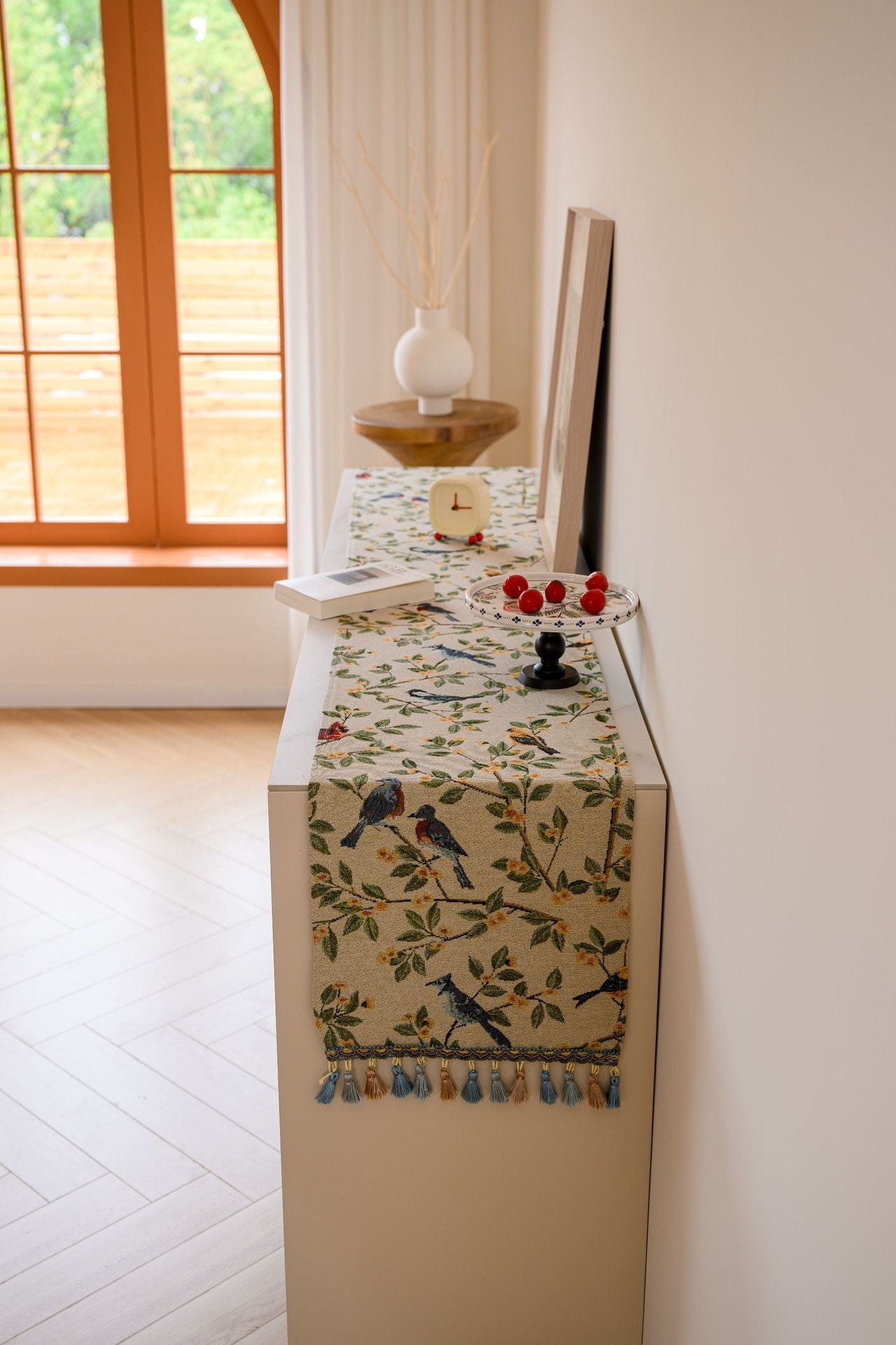 Birds & Branch Table Runner - Jacquard Woven Beige with Tassels(33X300CM)