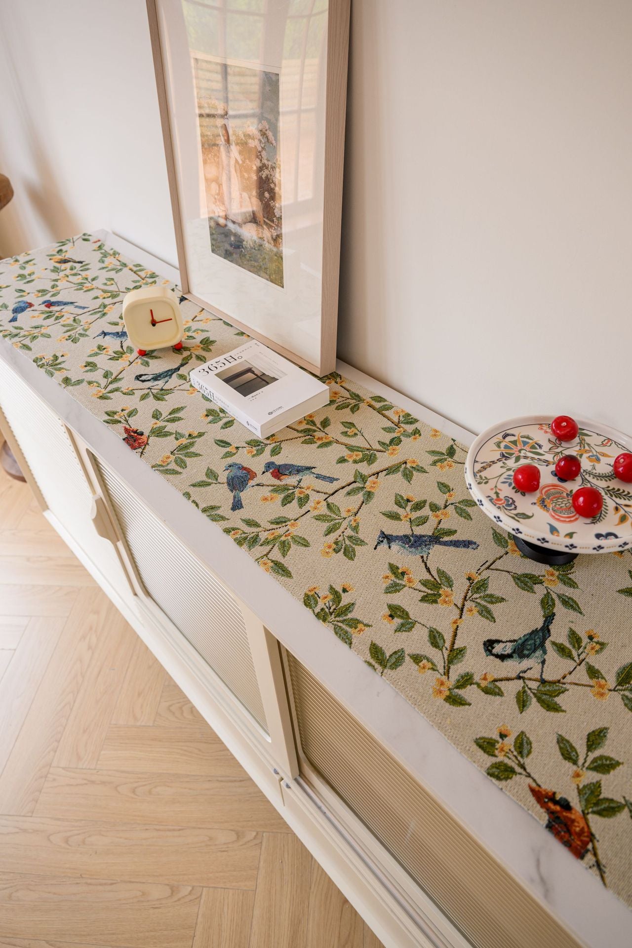 Birds & Branch Table Runner - Jacquard Woven Beige with Tassels(33X300CM)