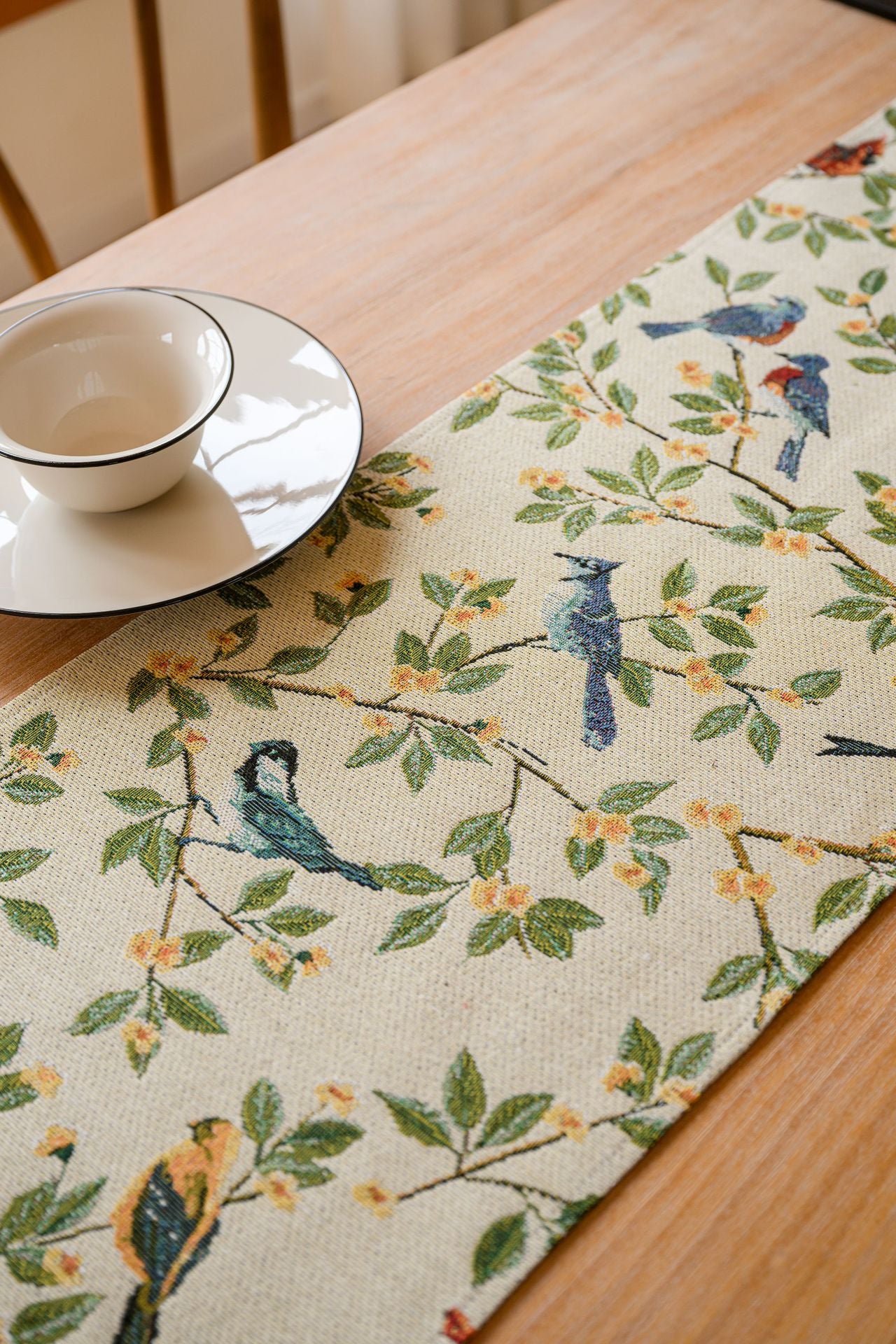 Birds & Branch Table Runner - Jacquard Woven Beige with Tassels(33X300CM)