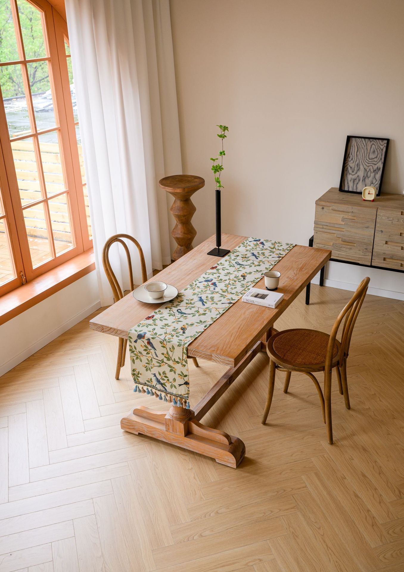 Birds & Branch Table Runner - Jacquard Woven Beige with Tassels(33X300CM)