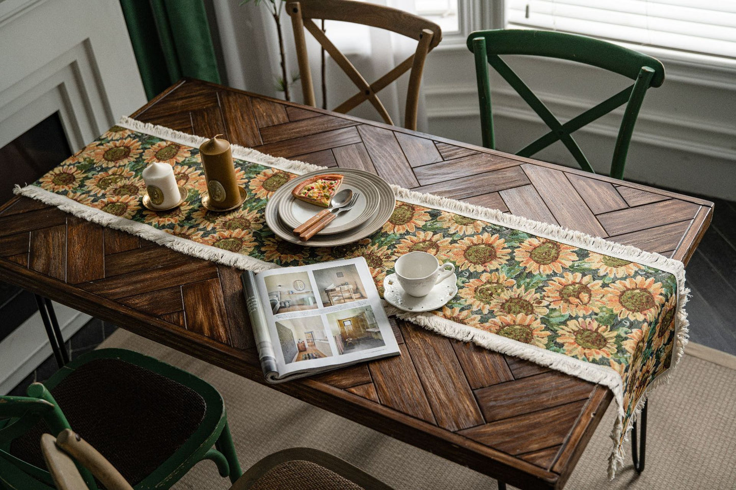 Sunflower Table Runner with Fringe - Jacquard Woven Cotton Blend (30x160cm)