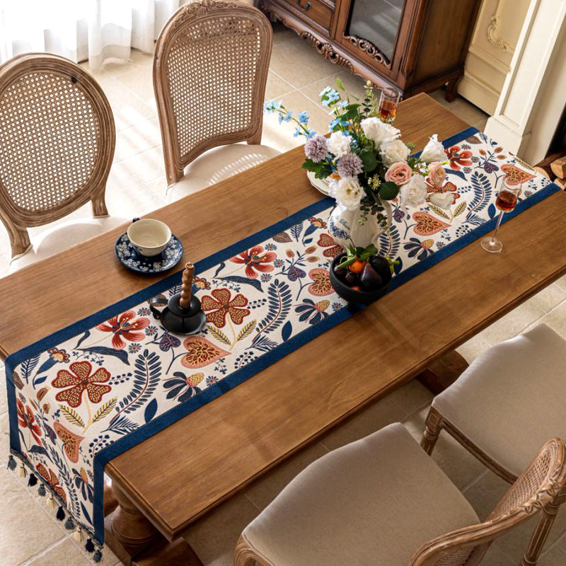 35x120cm Blue Pastoral Table Runner - Spring Floral Oil Painting Style with Tassels