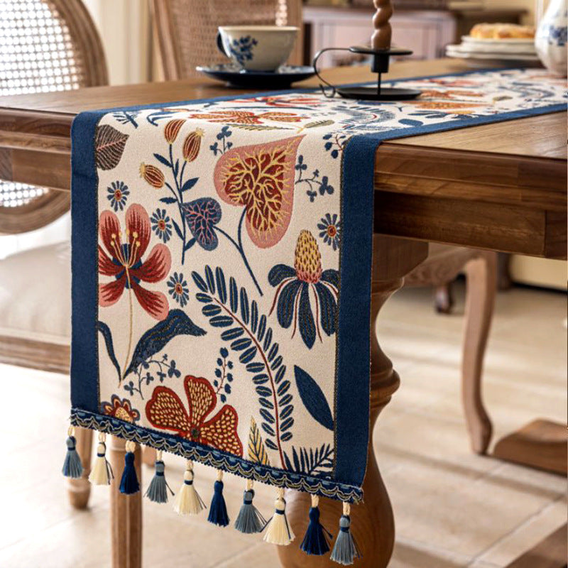35x160cm Blue Pastoral Table Runner - Spring Floral Oil Painting Style with Tassels