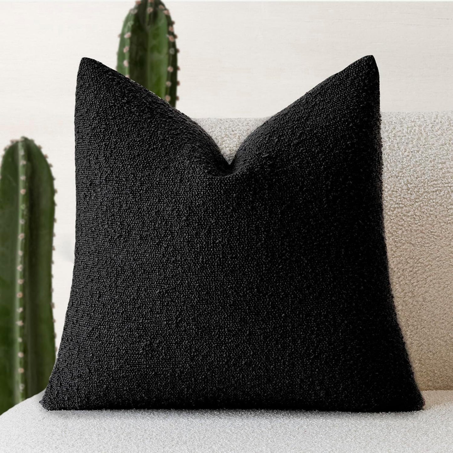 2 Pcs Black Luxury Boucle Pillow Cover - Solid Color Faux Shearling Cushion Case for Sofa, 45x45cm, 230g (Pillow Insert Not Included)