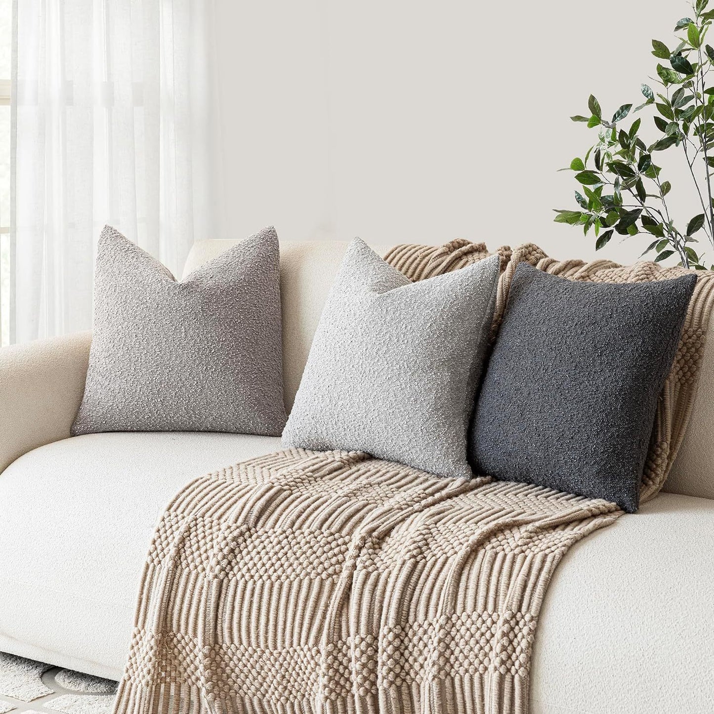 2 Pcs Black Luxury Boucle Pillow Cover - Solid Color Faux Shearling Cushion Case for Sofa, 45x45cm, 230g (Pillow Insert Not Included)