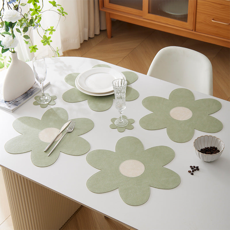 White Background With Yellow Heart + Blue Heart Set of 6 Reversible Flower Shaped Placemats - Waterproof PU Leather Dining Table Mats