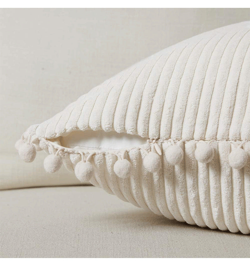 Blue Soft Corduroy Cushion Cover Set (1 Square + 1 Rectangular) with Pom Pom Trim - Decorative Throw Pillow Cases for Sofa Couch