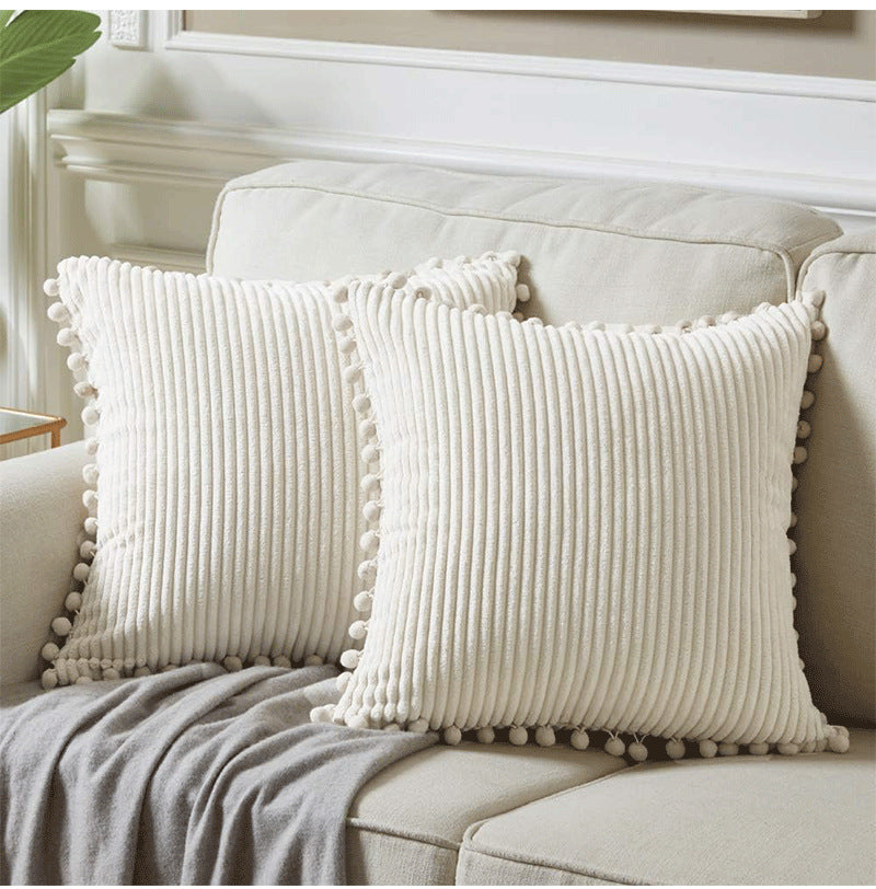 Yellow Soft Corduroy Cushion Covers with Pom Pom Trim - Set of 2 Decorative Throw Pillow Cases for Sofa Couch Bed, 45x45cm