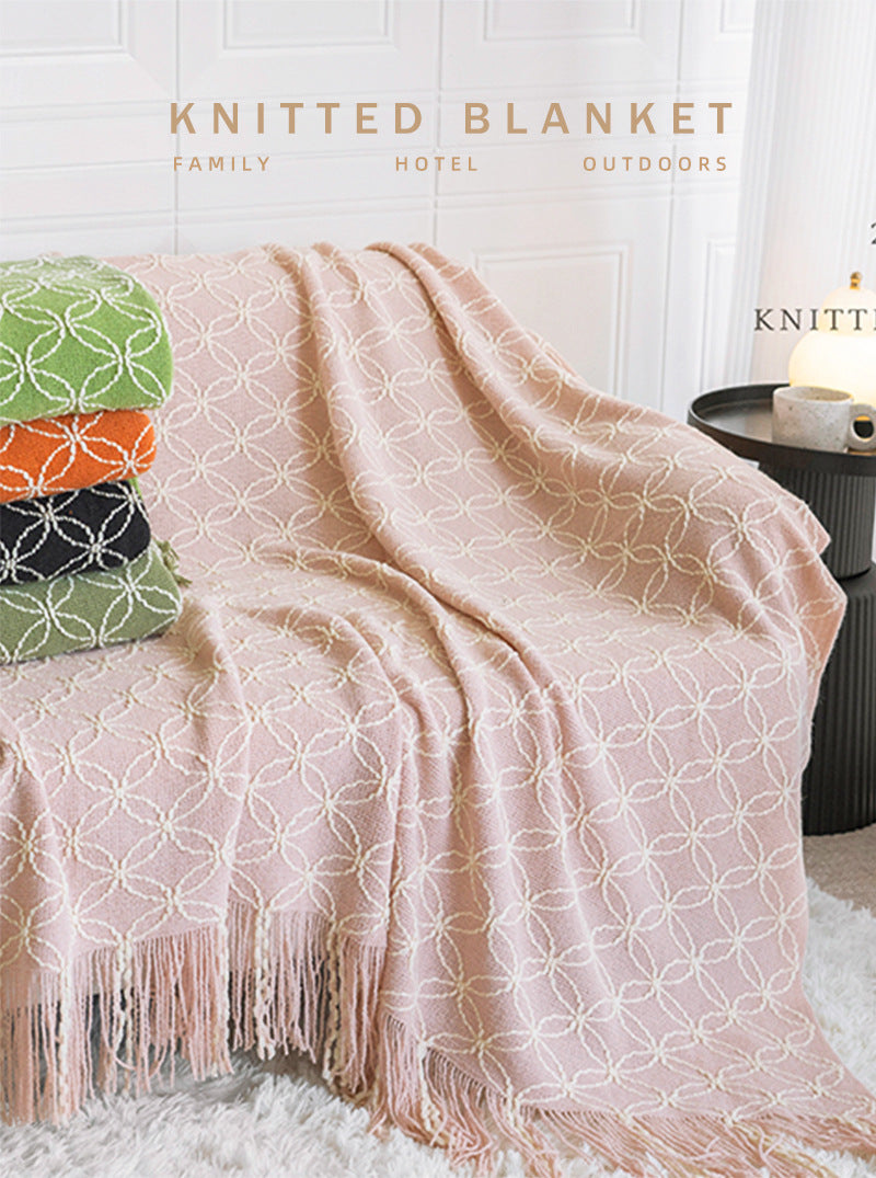 Pink Cozy Geometric Knitted Throw Blanket with Tassels - Soft Acrylic Decorative Sofa & Bed Cover, 130x180cm