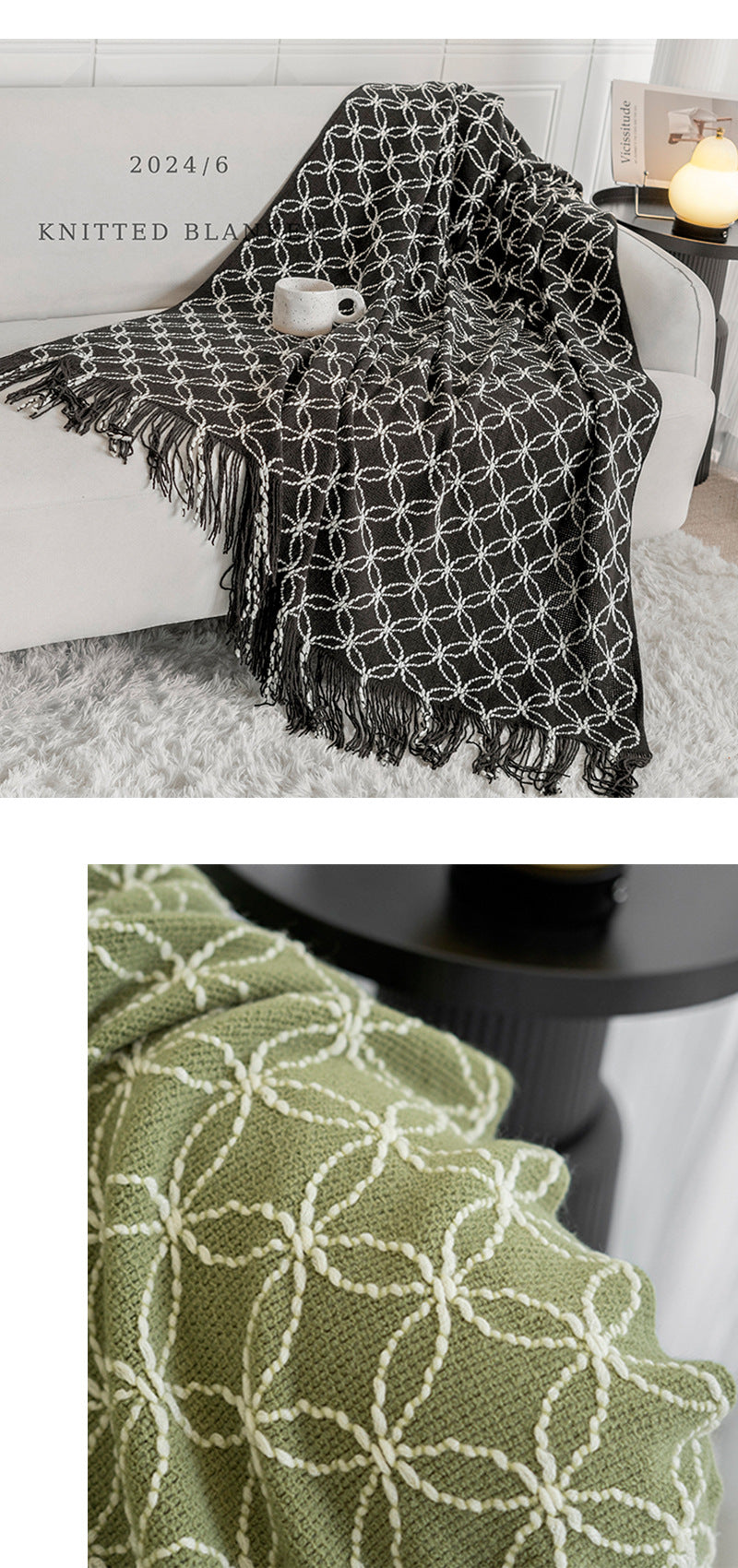 Pink Cozy Geometric Knitted Throw Blanket with Tassels - Soft Acrylic Decorative Sofa & Bed Cover, 130x180cm