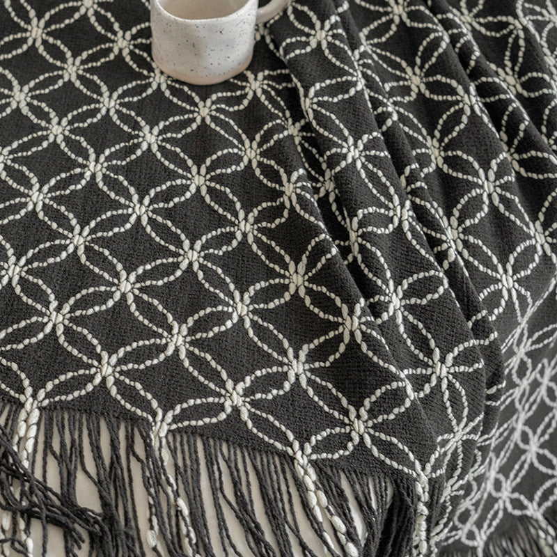 Pink Cozy Geometric Knitted Throw Blanket with Tassels - Soft Acrylic Decorative Sofa & Bed Cover, 130x180cm