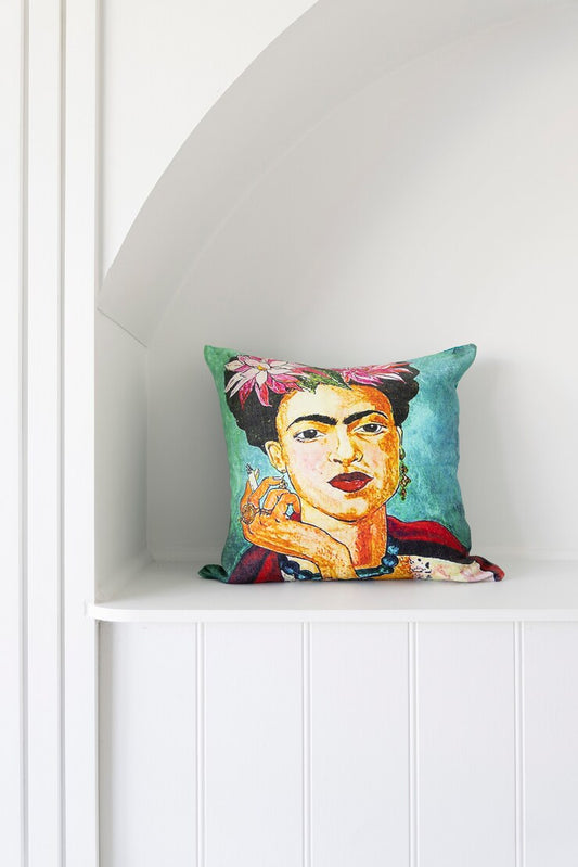 Mexican Painter Pillow Case, Frida Floral Decorative Cushion, Mexican Painter Art Garden Country Cushion Cover - Green Frida Face