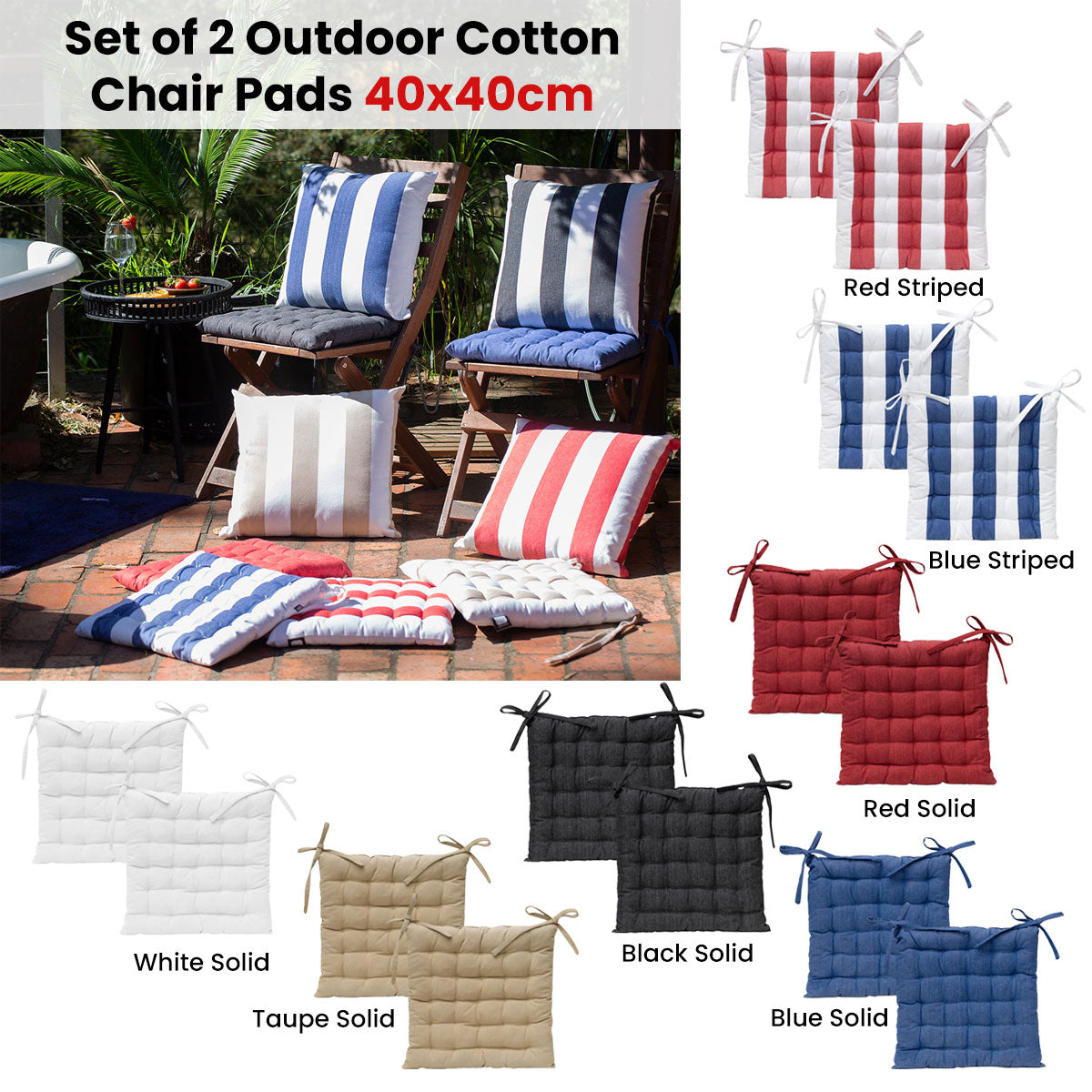 J Elliot Home Set of 2 Outdoor 100% Cotton Chair Pads 40 x 40 cm Striped Blue