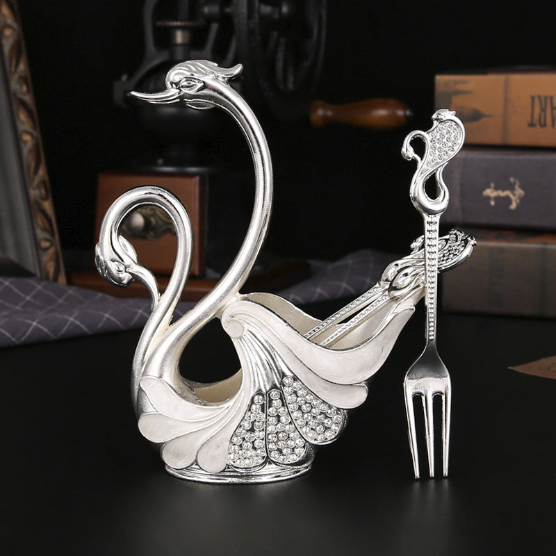 Silver Elegant Double Swan Cutlery Holder Set with 6pcs Fork