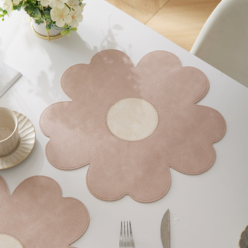 Blue Background With Yellow Heart + Yellow Background With Blue Heart Set of 6 Reversible Flower Shaped Placemats - Waterproof PU Leather Dining Table Mats