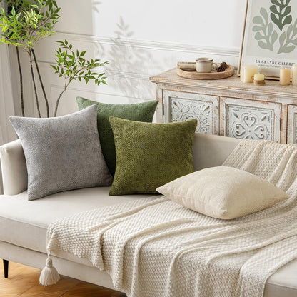 Light Grey Plush Chenille Cushion Covers Set of 2 - Soft Textured Decorative Throw Pillow Cases for Sofa Couch, 45x45cm