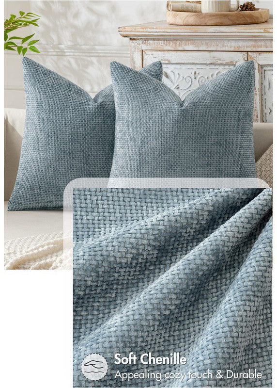 Light Grey Plush Chenille Cushion Covers Set of 2 - Soft Textured Decorative Throw Pillow Cases for Sofa Couch, 45x45cm