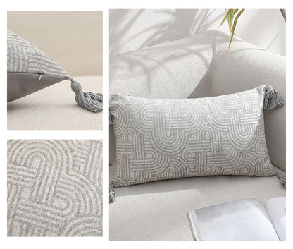Beige Chic Geometric Jacquard Cushion Covers with Tassels - Set of 2, Plush Blend for Sofa & Bed Decor (45x45cm, Insert Not Included)