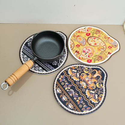 Yellow Set of 4 Embossed Ceramic Paddle Mats - Assorted Bohemian Pattern Heat Resistant Pads